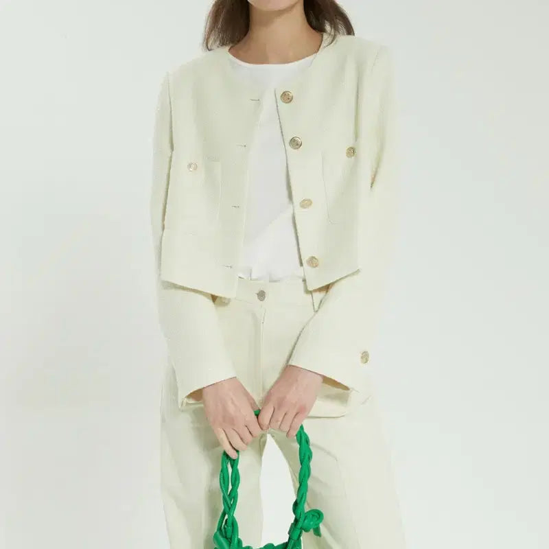 [BUNJANG] Stay People Cropped Tweed Jacket - Ivory / 23년 스테이피플 크롭 트위드 자켓 아이보리노카라라운드넥금장하객룩오피스룩