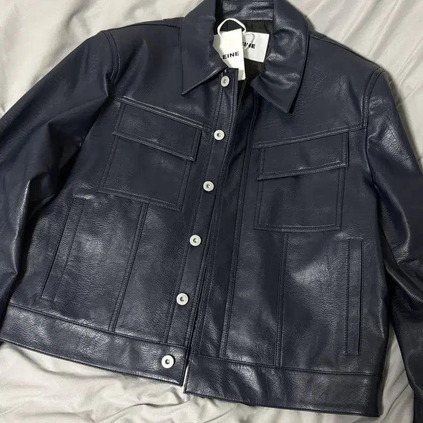 [BUNJANG] Allen TRUCKER Faux Leather Jacket Navy / 알렌느 TRUCKER FAUX LEATHER JACKET NAVY 1사