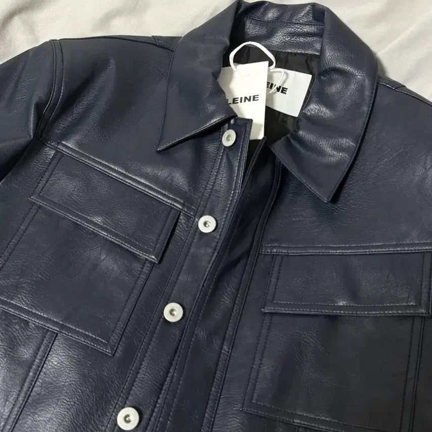 [BUNJANG] Allen TRUCKER Faux Leather Jacket Navy / 알렌느 TRUCKER FAUX LEATHER JACKET NAVY 1사