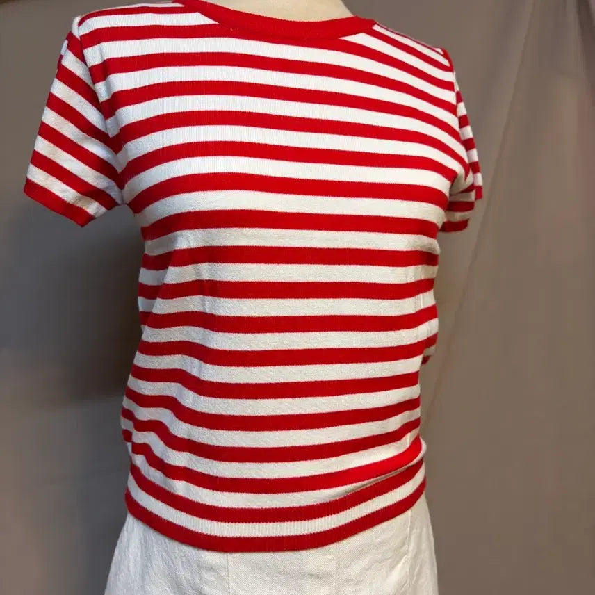 [BUNJANG] Red White Stripe Knit Top (S Size) / 레드 화이트 스트라이프 반팔 니트s