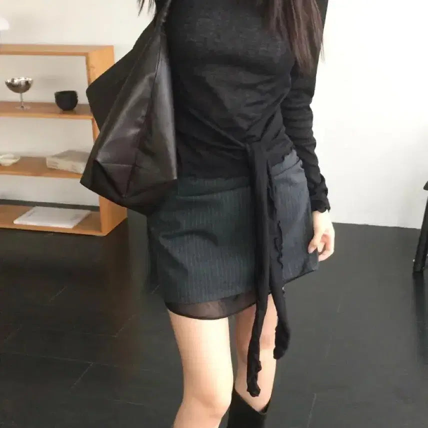 [BUNJANG] Pin-stripe Layered Skirt - Black M / 핀스트라이프 레이어 스커트-블랙M 새상품
