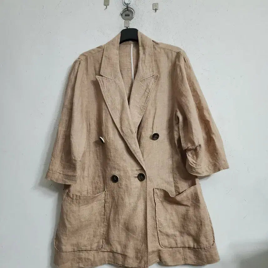 [BUNJANG] Linen Beige Double-Breasted Jacket / 린넨 반팔 더블 자켓 베이지