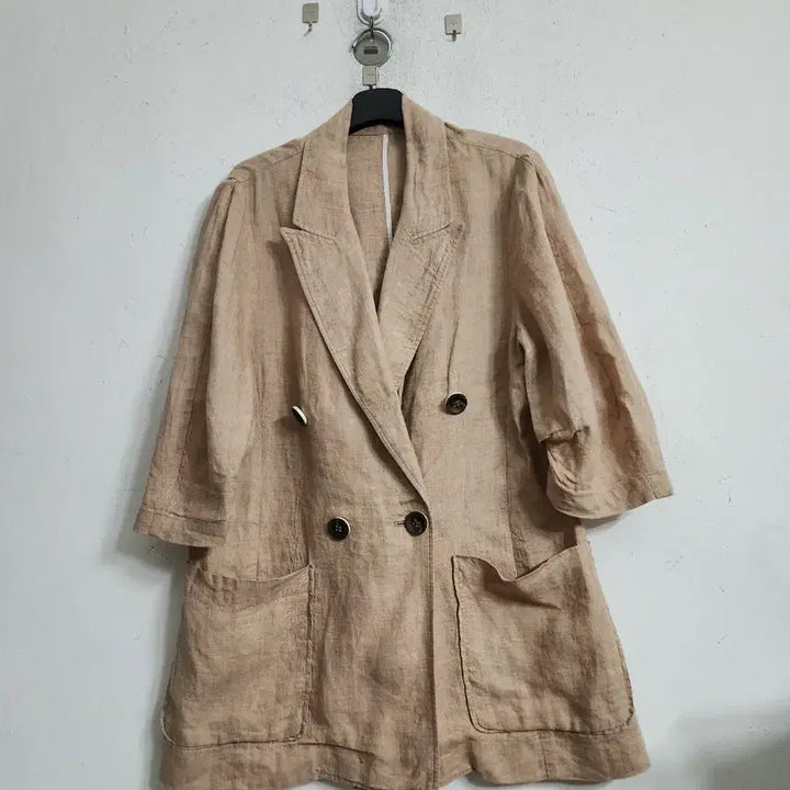[BUNJANG] Linen Beige Double-Breasted Jacket / 린넨 반팔 더블 자켓 베이지