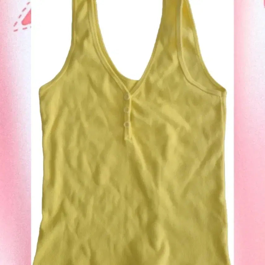 [BUNJANG] Yellow Ribbed V-Neck Button Sleeveless Top / 노랑 골지 브이넥 단추 나시 슬리브리스