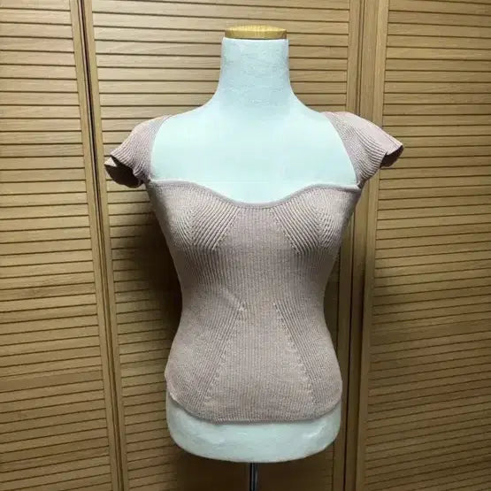 [BUNJANG] Pink Ribbed Knit Top / 핑크 골지 니트 반팔 니트 하트넥 수입의류