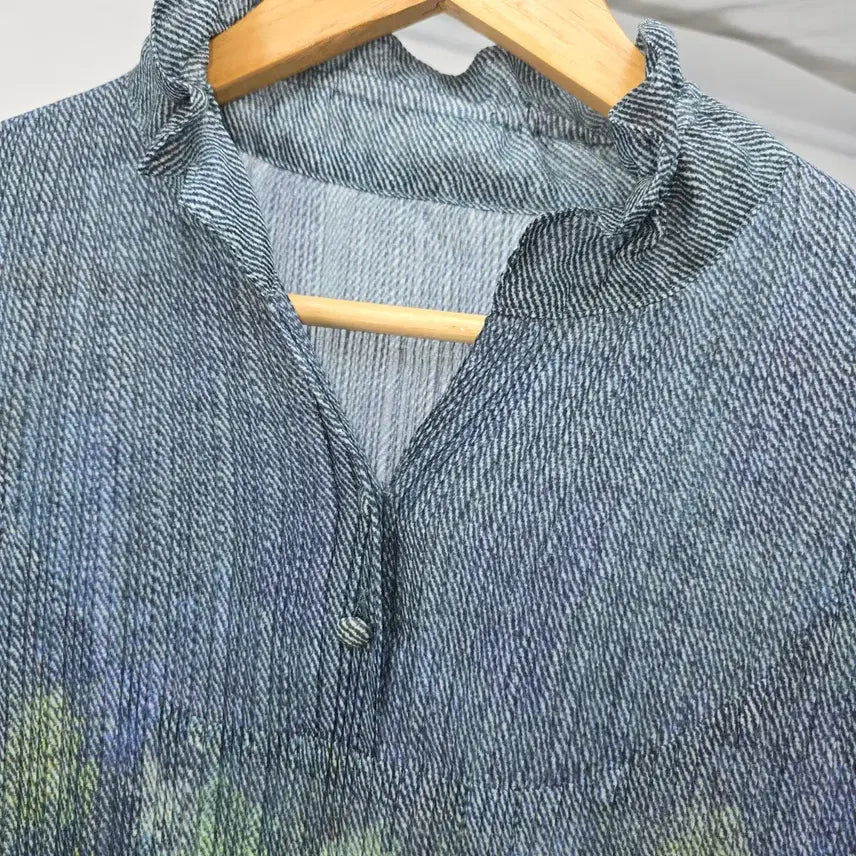 [BUNJANG] Pleated Tunic Blue Green Pattern Blouse / 플리츠 튜닉 블루 그린 패턴 블라우스