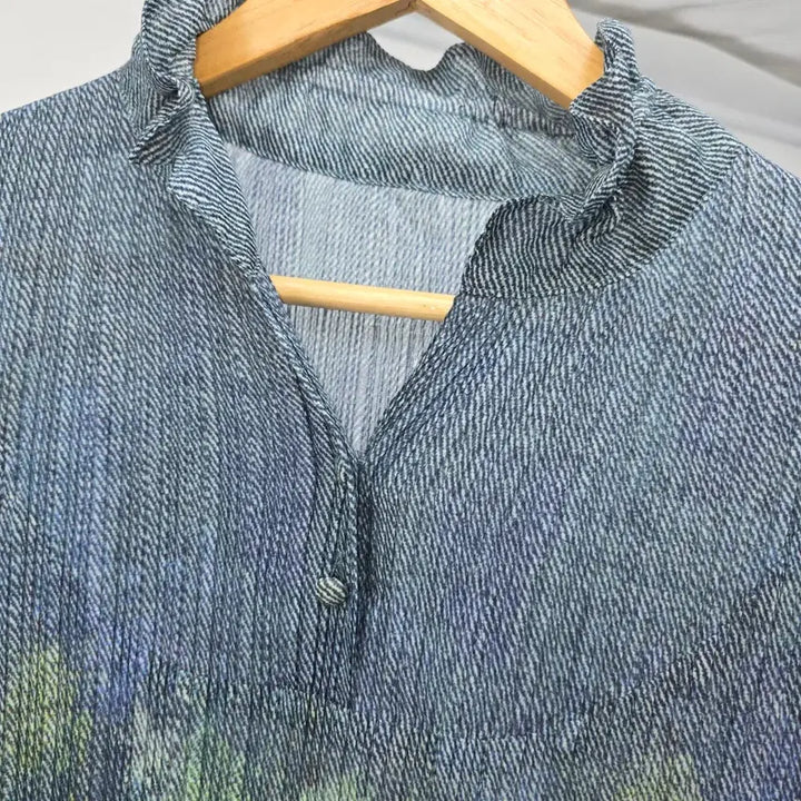 [BUNJANG] Pleated Tunic Blue Green Pattern Blouse / 플리츠 튜닉 블루 그린 패턴 블라우스