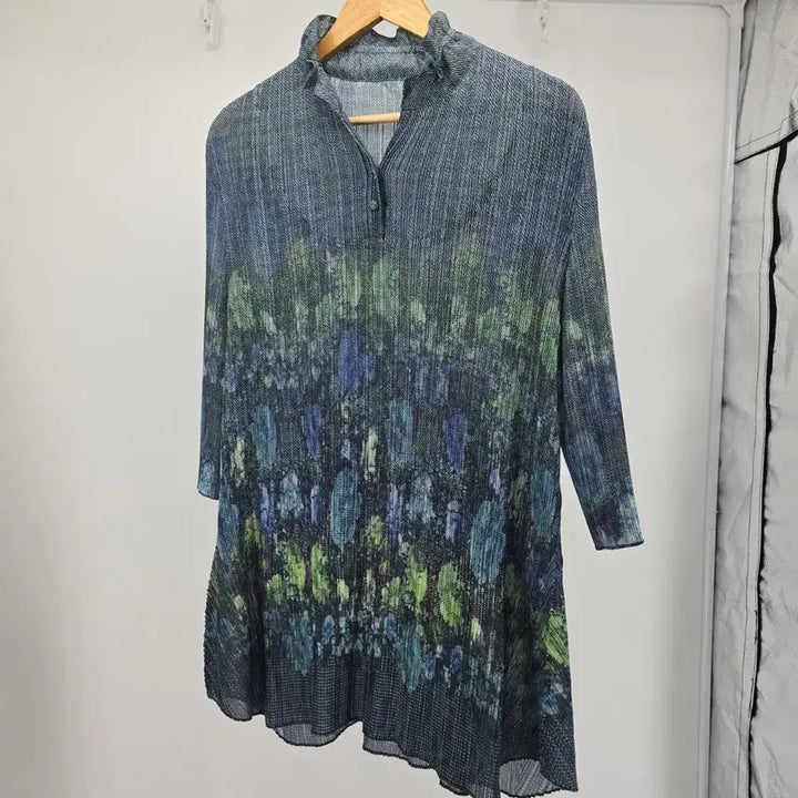 [BUNJANG] Pleated Tunic Blue Green Pattern Blouse / 플리츠 튜닉 블루 그린 패턴 블라우스