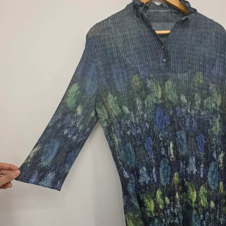 [BUNJANG] Pleated Tunic Blue Green Pattern Blouse / 플리츠 튜닉 블루 그린 패턴 블라우스