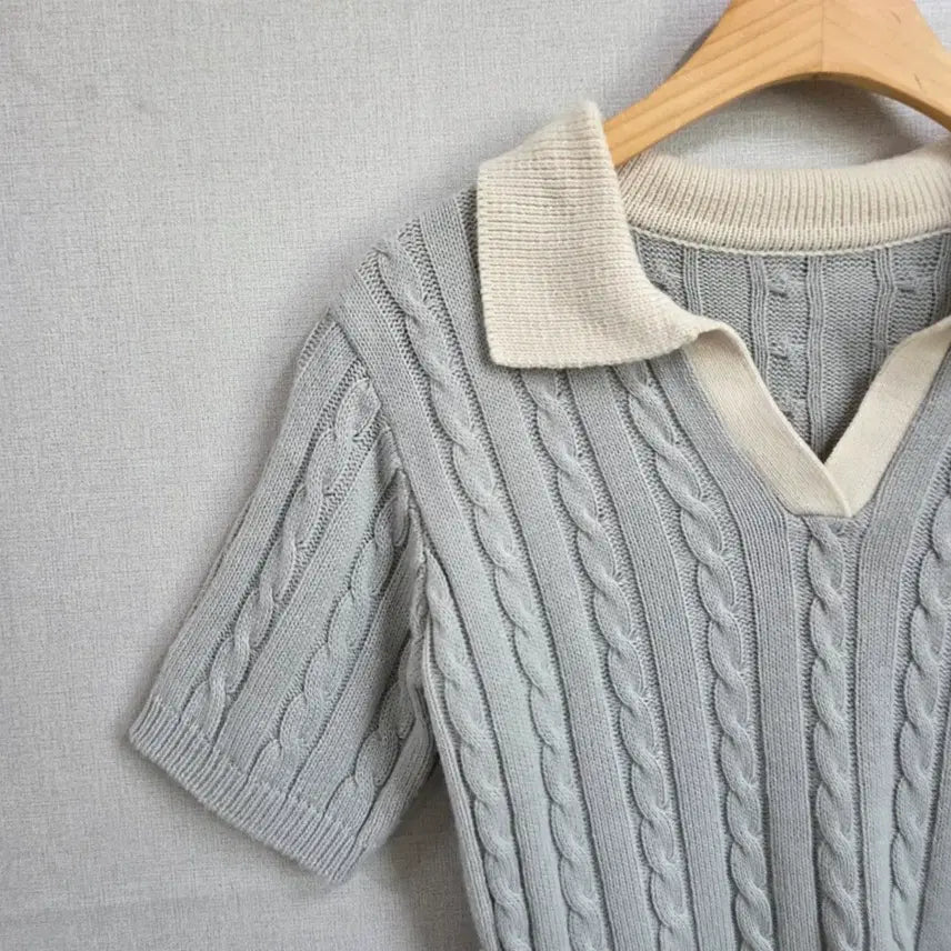 [BUNJANG] F JJ1074 Cable Knit Crop Top / 여성 케이블 니트 반팔 크롭 카라티  F JJ1074
