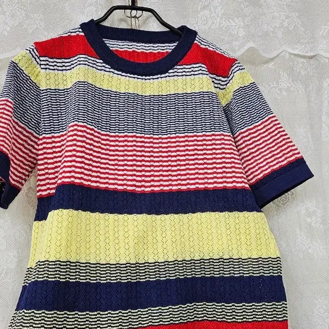 [BUNJANG] Striped Knit Two-Piece Set / 스트라이프 니트 반팔 상의 + 스커트 세트