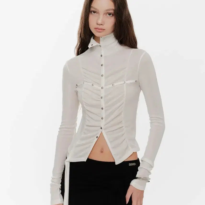 [BUNJANG] 2000 Archives Lena Shirring High Neck Top (Cream) / 2000아카이브스 레나 셔링 하이넥 탑 (크림)