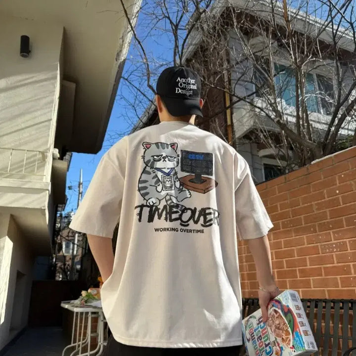 [BUNJANG] Working Overtime Cat T-Shirt / 야근고양이반팔