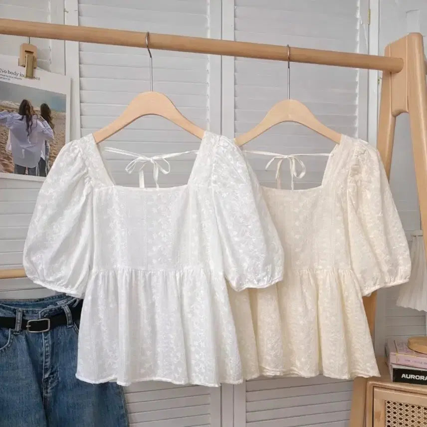[BUNJANG] Puff Blouse Square Neck Punching Detail Top / 퍼프 블라우스 스퀘어넥 펀칭 블라
