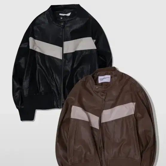 [BUNJANG] Place Studio Color Block Leather Blouson Jacket / 플레이스 스튜디오 배색 레더 블루종 자켓
