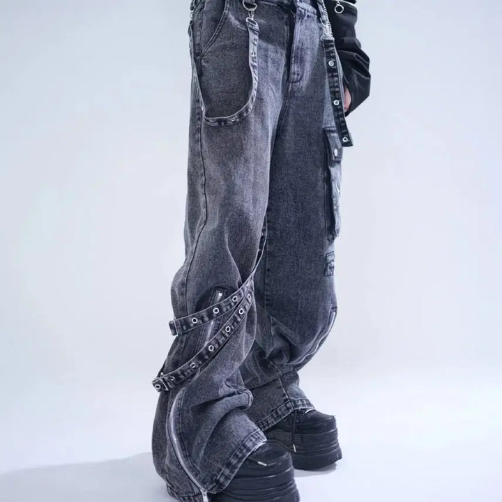 [BUNJANG] High Waist Denim Jeans / 지뢰계 스트랩 데님 팬츠 하이웨이스트 청바지(2컬러)
