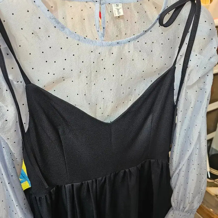 [BUNJANG] Blue Dot Blouse &amp; Black Long Dress Set / 블루 도트 블라우스  나시 롱원피스