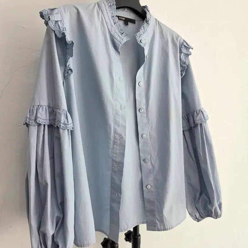 [BUNJANG] Maje Ruffled Blue Shirt / 정품 마쥬 MAJE 프릴 블루 셔츠