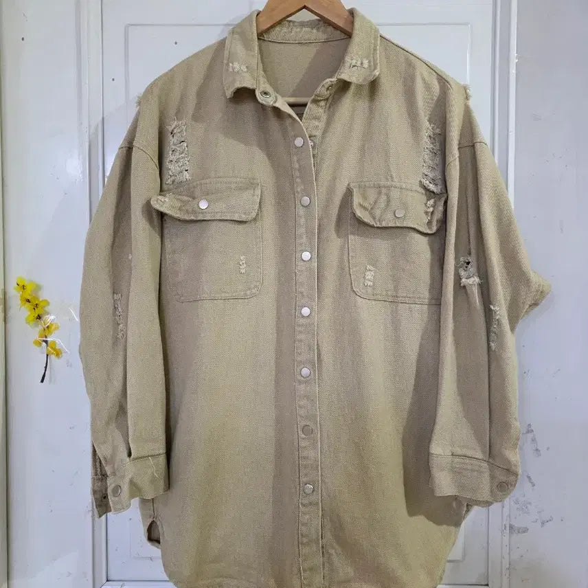 [BUNJANG] Spring Beige Washed Cotton Shirt Jacket / 봄   워싱 셔츠 면 디자인이쁜  베이지  깨끗해요  가슴단면63