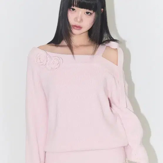 [BUNJANG] Illygo Bloom Bow Off-Shoulder Knit Top / 일리고 블룸 보우 오프숄더 니트 핑크