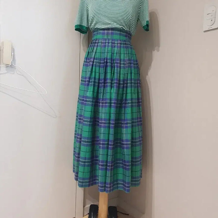 [BUNJANG] Green Check Pleated Long Skirt / 그린 체크 플리츠 롱 스커트
