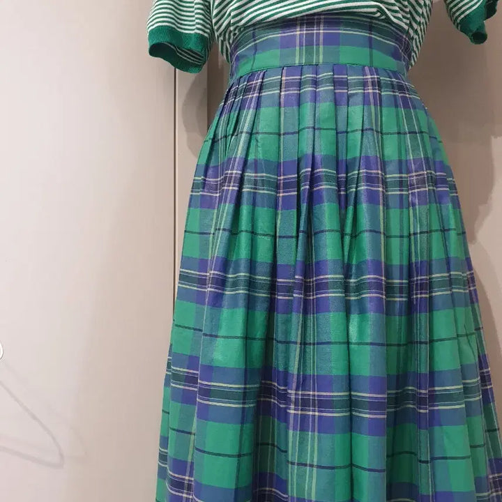 [BUNJANG] Green Check Pleated Long Skirt / 그린 체크 플리츠 롱 스커트