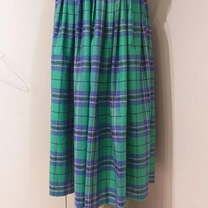 [BUNJANG] Green Check Pleated Long Skirt / 그린 체크 플리츠 롱 스커트