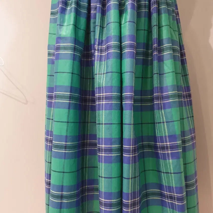 [BUNJANG] Green Check Pleated Long Skirt / 그린 체크 플리츠 롱 스커트