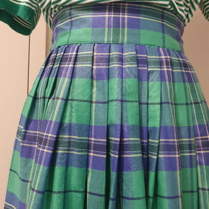 [BUNJANG] Green Check Pleated Long Skirt / 그린 체크 플리츠 롱 스커트