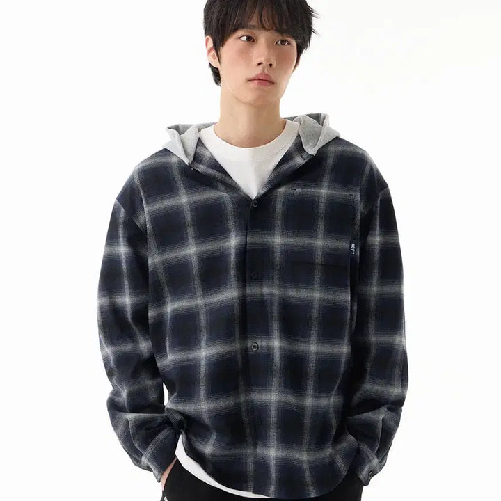 [BUNJANG] Not Only For Today Hooded Check Shirt Outer [Navy] / 낫온리포투데이 후디드 체크 셔츠 아우터 [네이비]