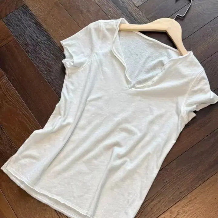 [BUNJANG] White V-neck Short Sleeve T-shirt / 화이트 브이넥 반팔 티셔츠
