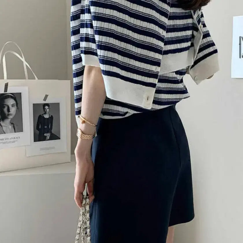 [SOLD OUT] 데일리룩 썸머울스트라이프가디건셋업 + 더로우랩스커트쇼츠