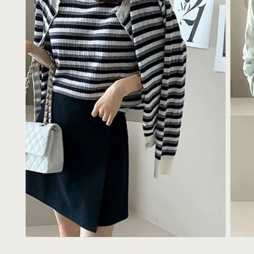 [SOLD OUT] 데일리룩 썸머울스트라이프가디건셋업 + 더로우랩스커트쇼츠