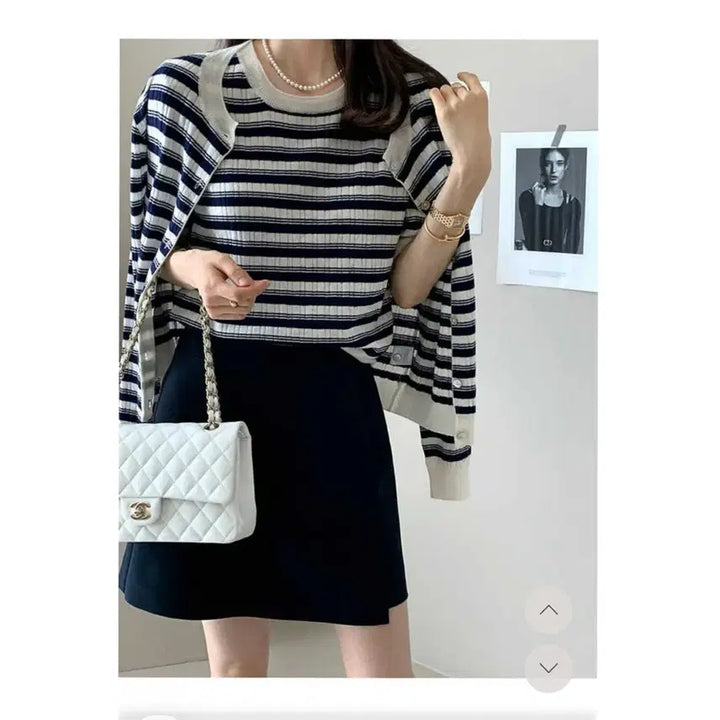 [SOLD OUT] 데일리룩 썸머울스트라이프가디건셋업 + 더로우랩스커트쇼츠