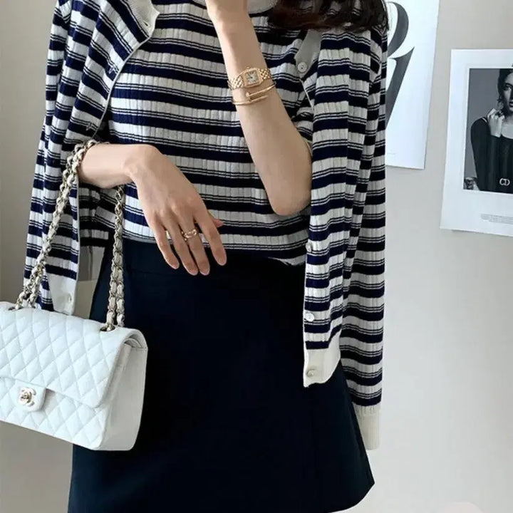 [SOLD OUT] 데일리룩 썸머울스트라이프가디건셋업 + 더로우랩스커트쇼츠