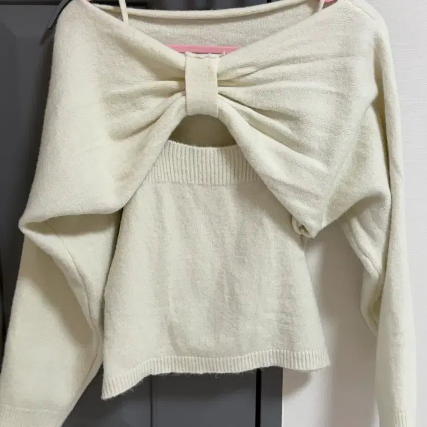 [BUNJANG] Ivory Ribbon Knit Cardigan Set / 아이보리 리본 니트 가디건 세트