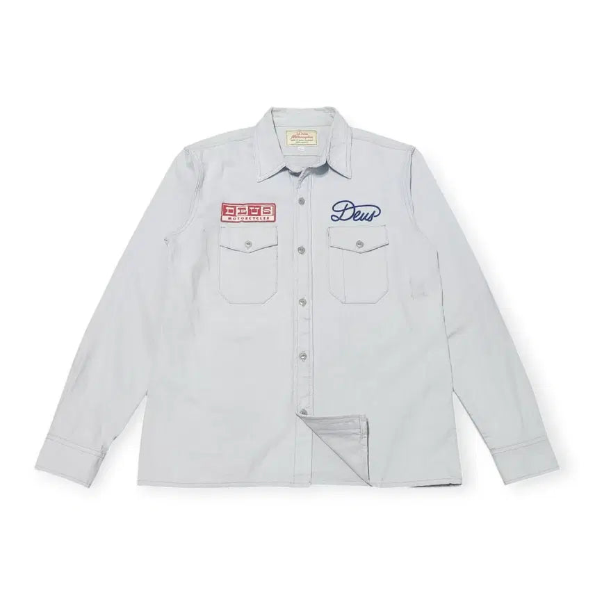 [BUNJANG] Deus Ex Machina Work Shirt Light Grey Embroidered Patch Back Print Streetwear / S)데우스 워크 셔츠 라이트그레이 자수패치 백프린팅 스트릿