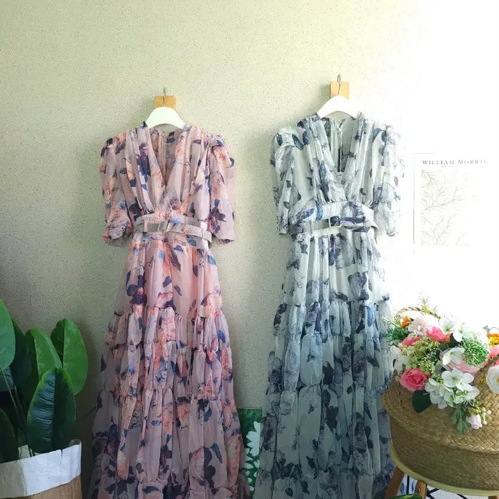 [BUNJANG] Flower Chiffon Long Dress / 플라워 쉬폰 롱 원피스 새상품