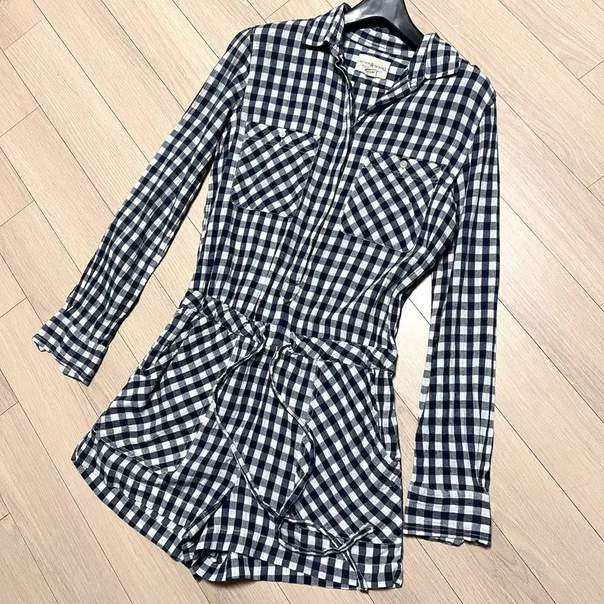 [BUNJANG] Ralph Lauren Denim &amp; Supply Gingham Check Jumpsuit / 랄프로렌 데님앤서플라이 아사면 깅엄체크 점프수트 네이비휴가룩긴팔셔츠반바지