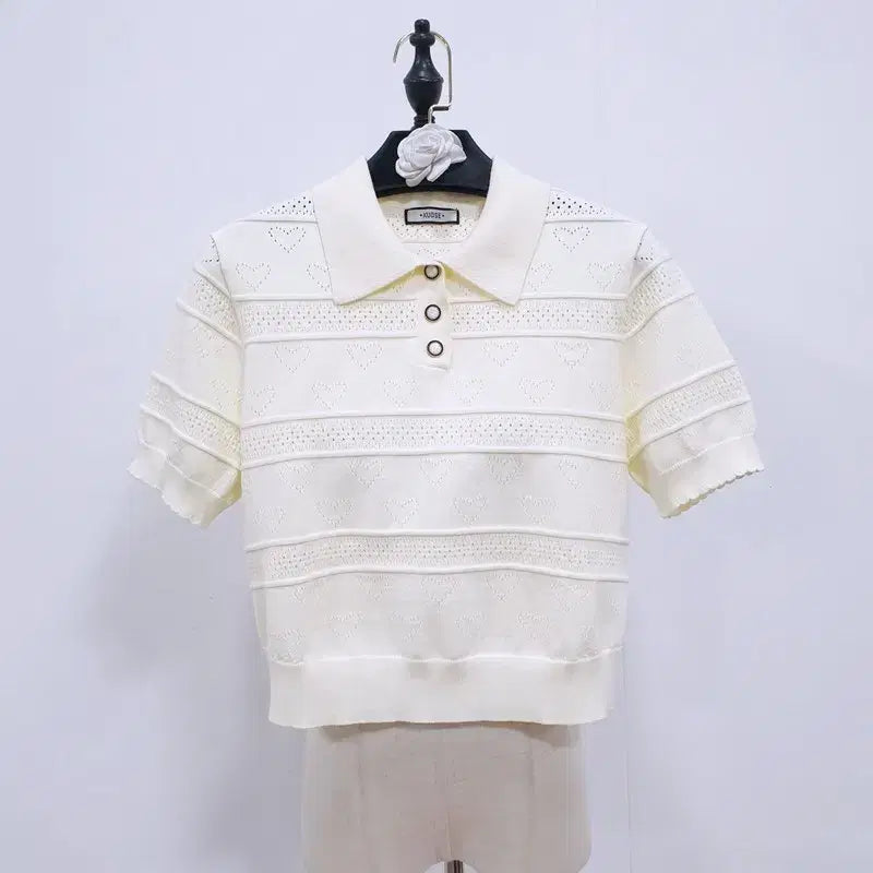 [BUNJANG] Kuo Se Heart Short Sleeve Knit Top / 쿠오세 하트 반팔 니트