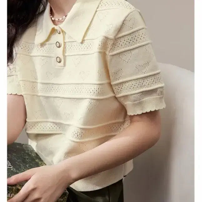 [BUNJANG] Kuo Se Heart Short Sleeve Knit Top / 쿠오세 하트 반팔 니트