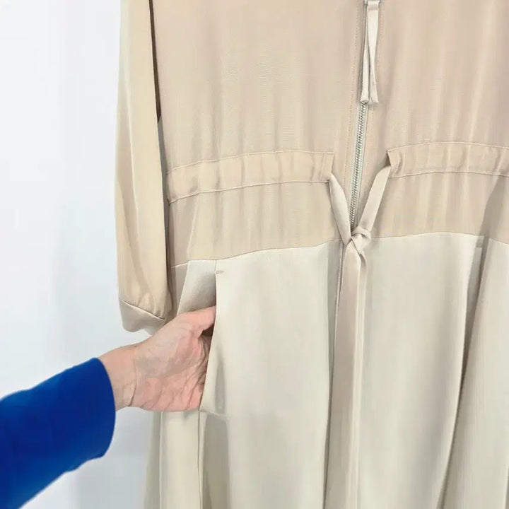 [BUNJANG] Beige Hooded Open Front Dress / 베이지 후드 지퍼 오픈형 원피스