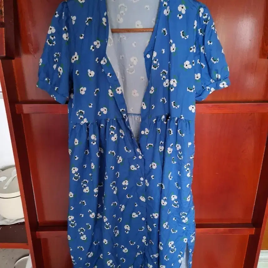 [BUNJANG] Blue Floral Mini Dress / 블루 플라워 패턴 반팔 미니 원피스