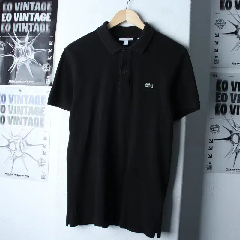 [BUNJANG] Lacoste Small Logo Polo Shirt (Black) / (M-L) 라코스테 반팔 카라 티셔츠 스몰로고 블랙 놈코어-182FD