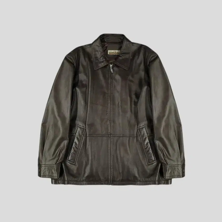 [BUNJANG] MILONO Brown Split Leather Jacket / MILONO 밀라노 브라운 절개 백신치 카라넥 램스킨 양가죽 싱글 레더자