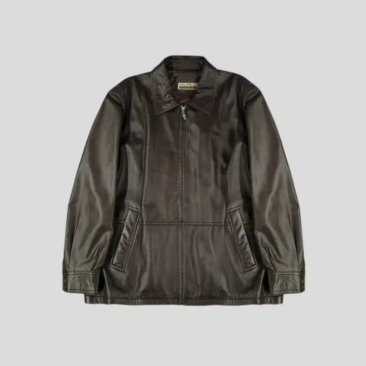 [BUNJANG] MILONO Brown Split Leather Jacket / MILONO 밀라노 브라운 절개 백신치 카라넥 램스킨 양가죽 싱글 레더자