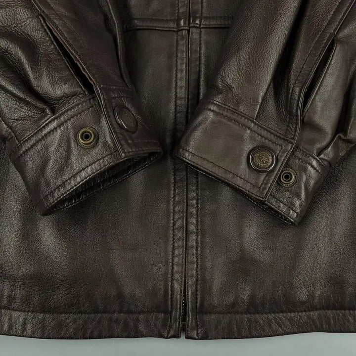 [BUNJANG] MILONO Brown Split Leather Jacket / MILONO 밀라노 브라운 절개 백신치 카라넥 램스킨 양가죽 싱글 레더자