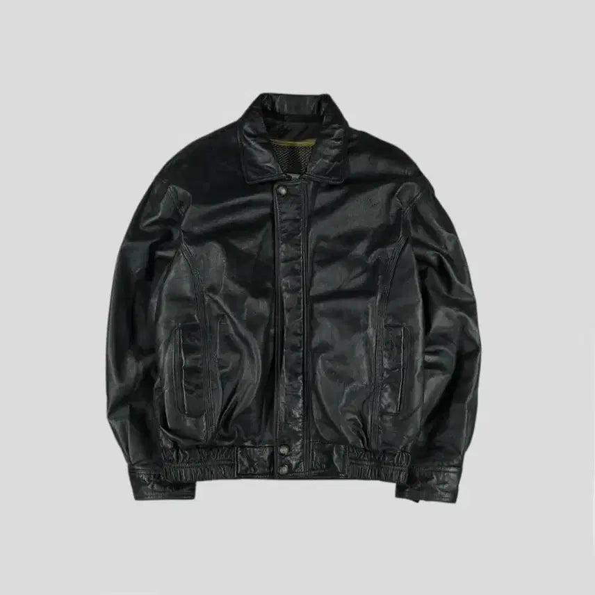[BUNJANG] Vintage Aging Black Leather Jacket / 빈티지 에이징블랙 절개 히든지퍼 이너조끼 봄버 램스킨 양가죽 레더자켓 가