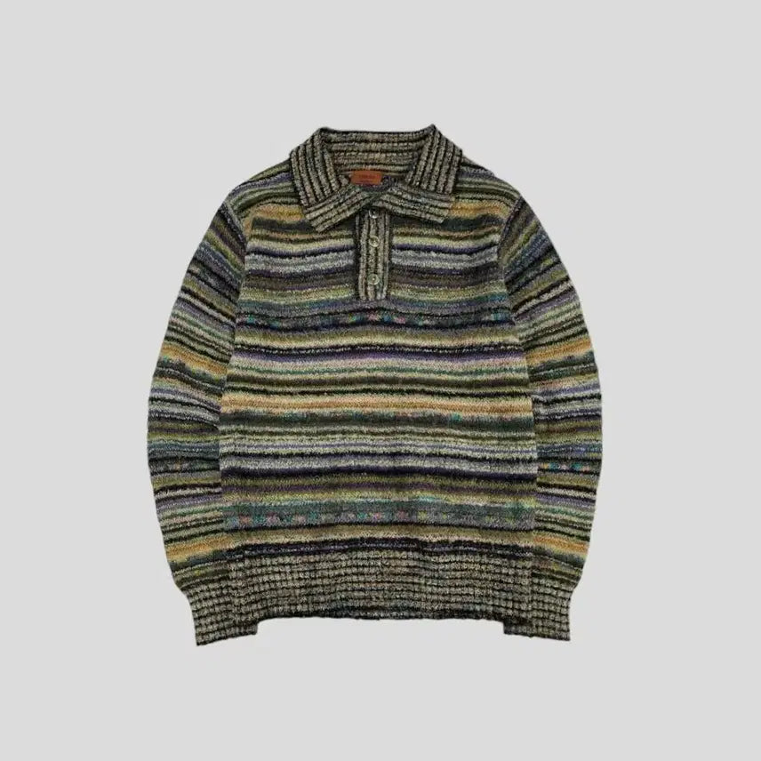[BUNJANG] CANZONE Green Tone Multi-color Striped Ethnic Pattern Half Blouse / CANZONE 그린톤 멀티컬러 스트라이프패턴 에스닉패턴 히피 모리 하프버