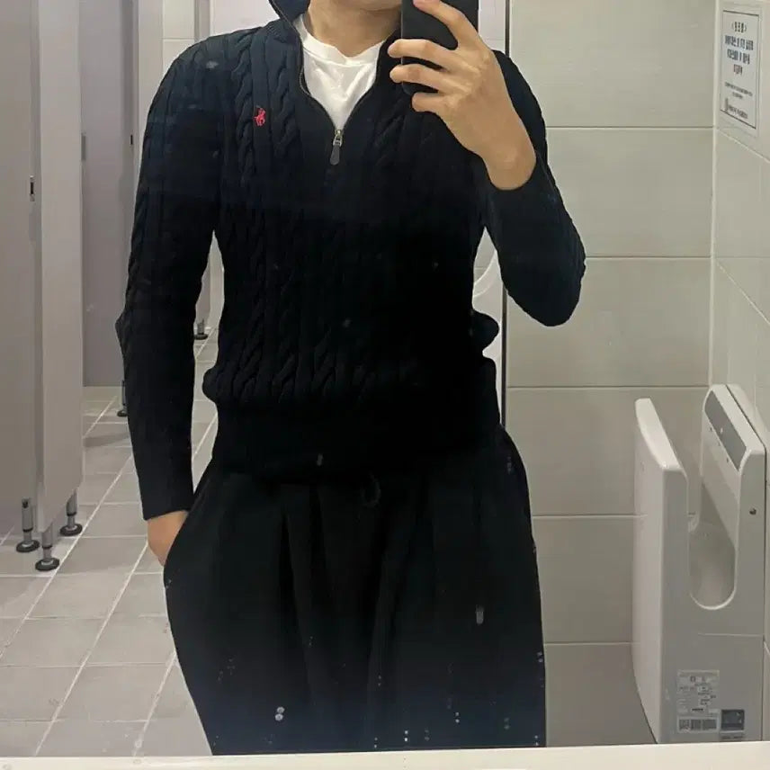 [BUNJANG] Polo Ralph Lauren Black Cable Knit Zip-Up / 정품 폴로 랄프로렌 블랙 케이블 니트 반집업